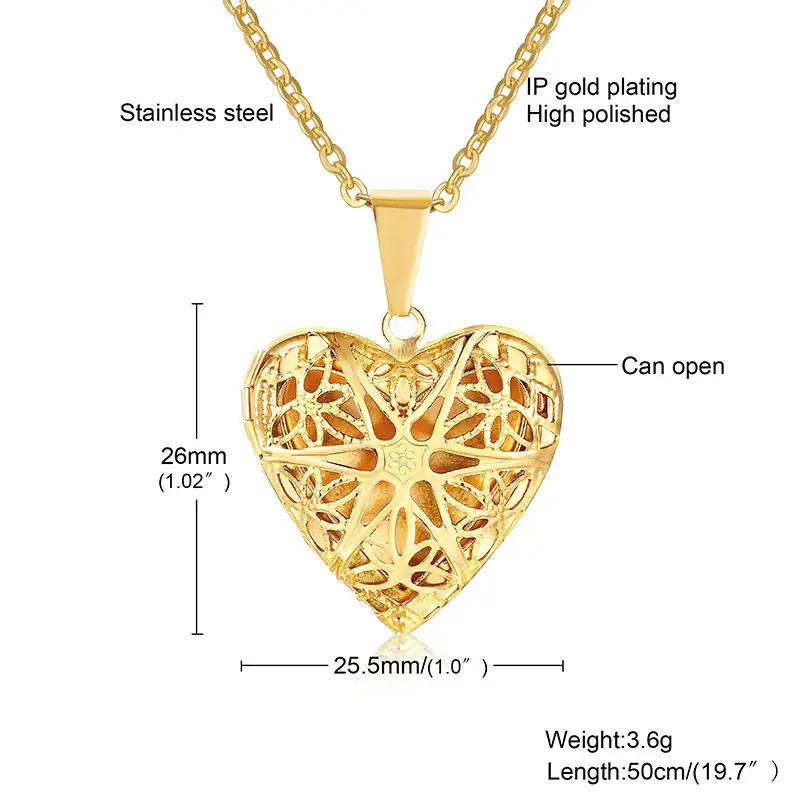 Heart-shaped Photo Box Necklace Stainless Steel Hollow Six-pointed Star Pendant Necklace Gold