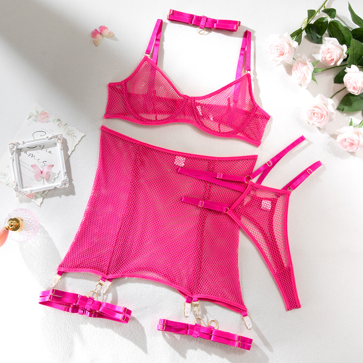 Title 2, See-through Mesh Push Up Four-piece Set