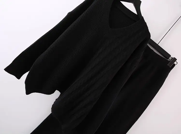 Solid Color And V-neck Sweater Autumn And Winter New Loose Casual Knitted All-matching Wide Leg Pants Two-piece Suit
