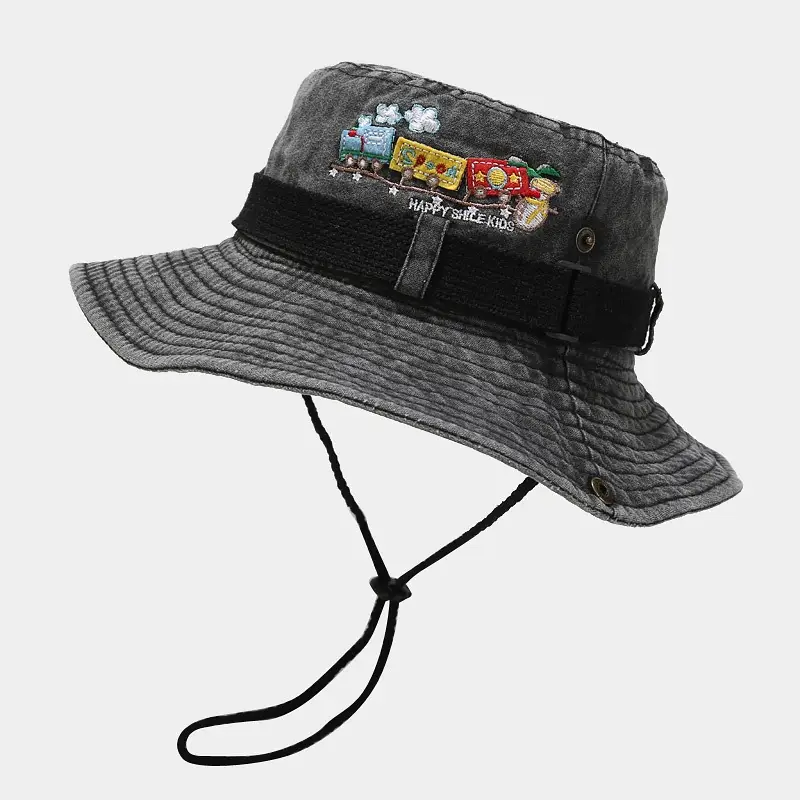 Train Embroidery Western Denim Style Washed-out Vintage All-match Sun Bucket Hat