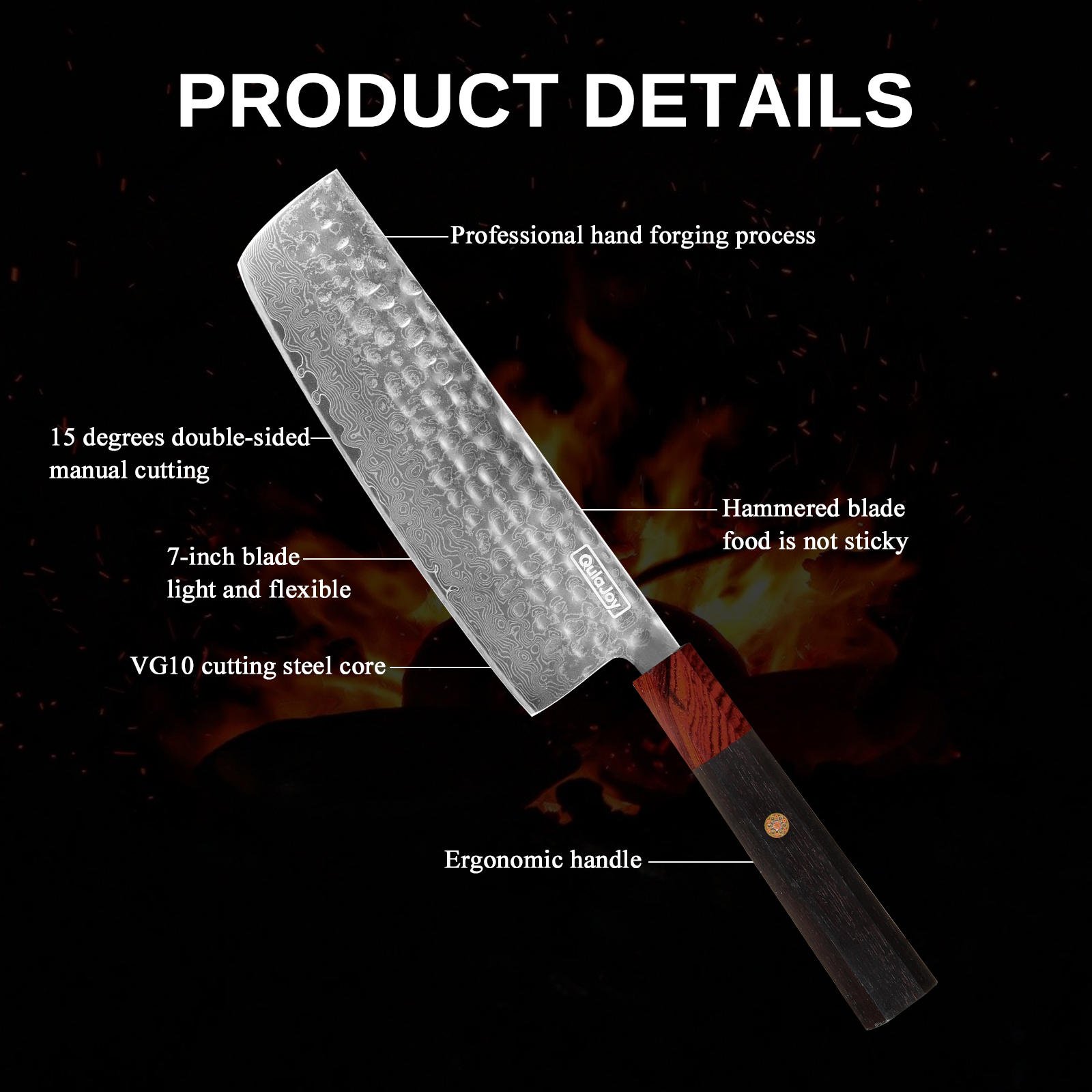 Qulajoy 8 Inch Chef Knife - Japanese Damascus VG-10 Super Steel Hammered Kitchen Knife - African Rosewood Octagonal Handle With Sheath — foto 26