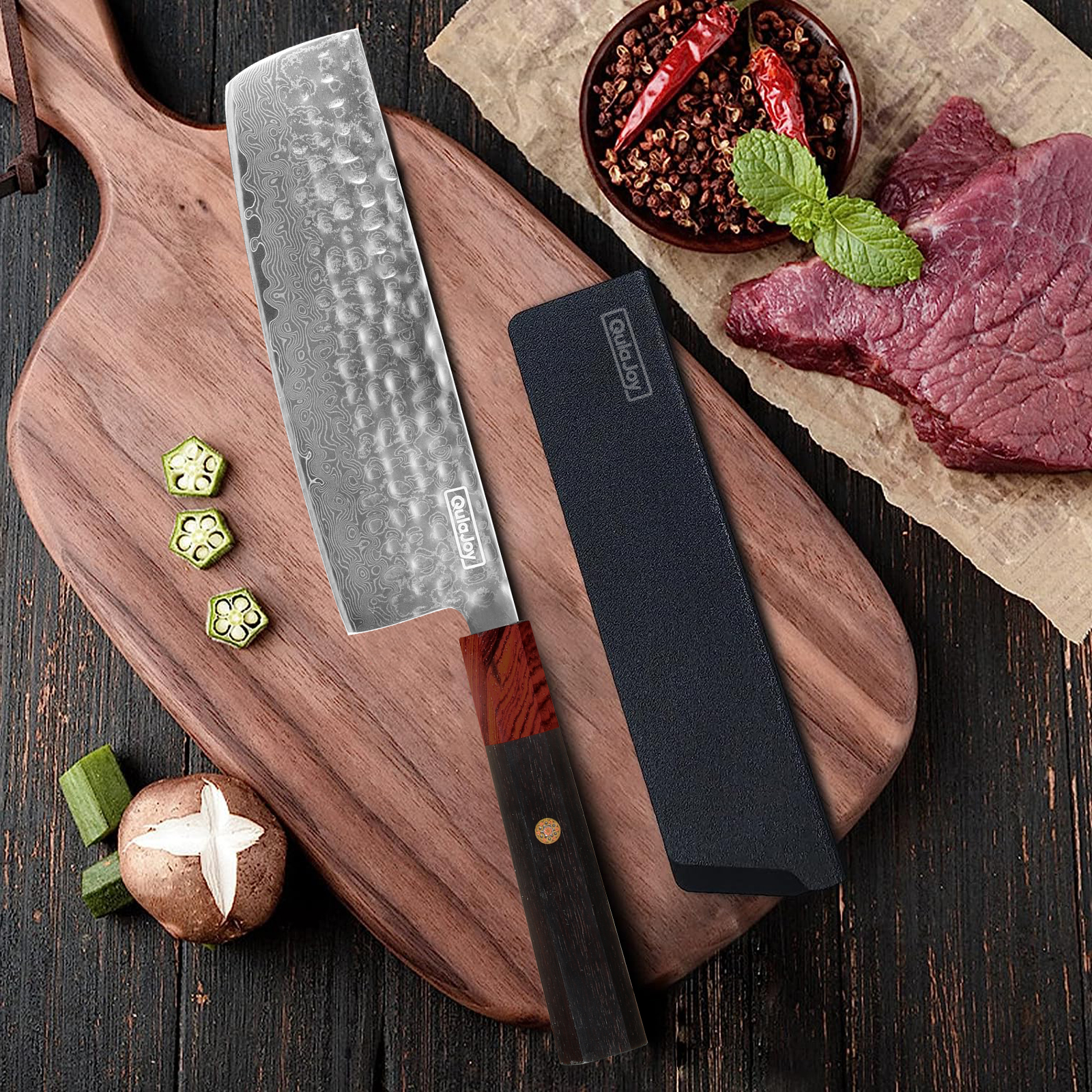 Qulajoy 8 Inch Chef Knife - Japanese Damascus VG-10 Super Steel Hammered Kitchen Knife - African Rosewood Octagonal Handle With Sheath — foto 39