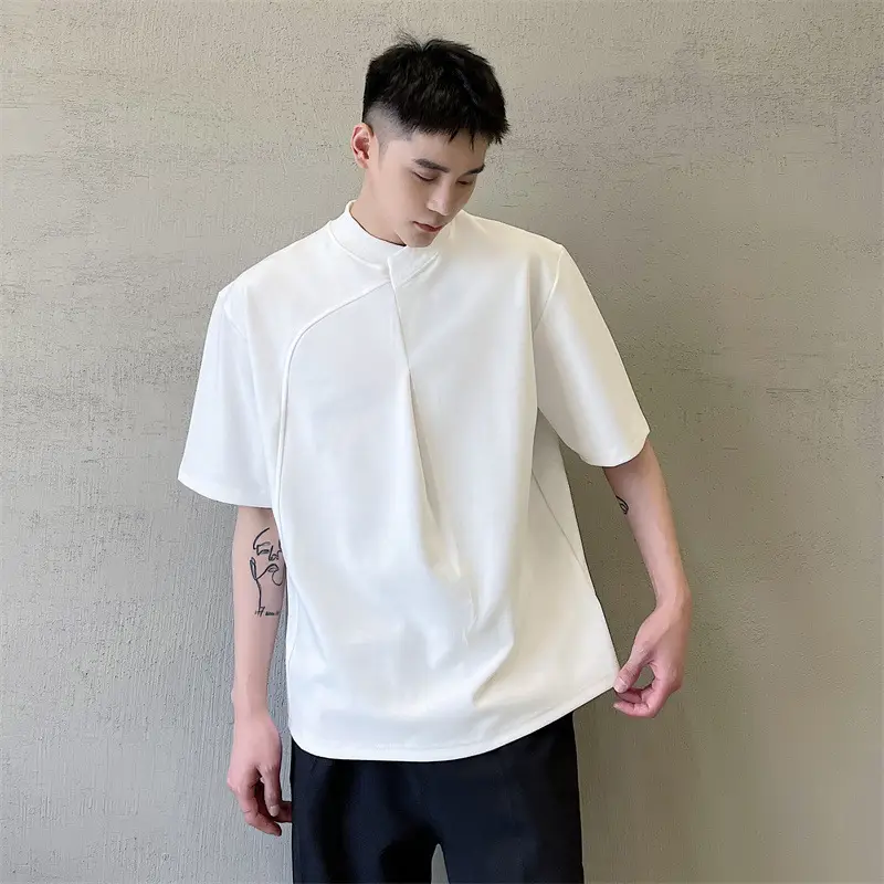 Cross Stand-up Collar Short-sleeved T-shirt Top Rib Bottoming Shirt For Men