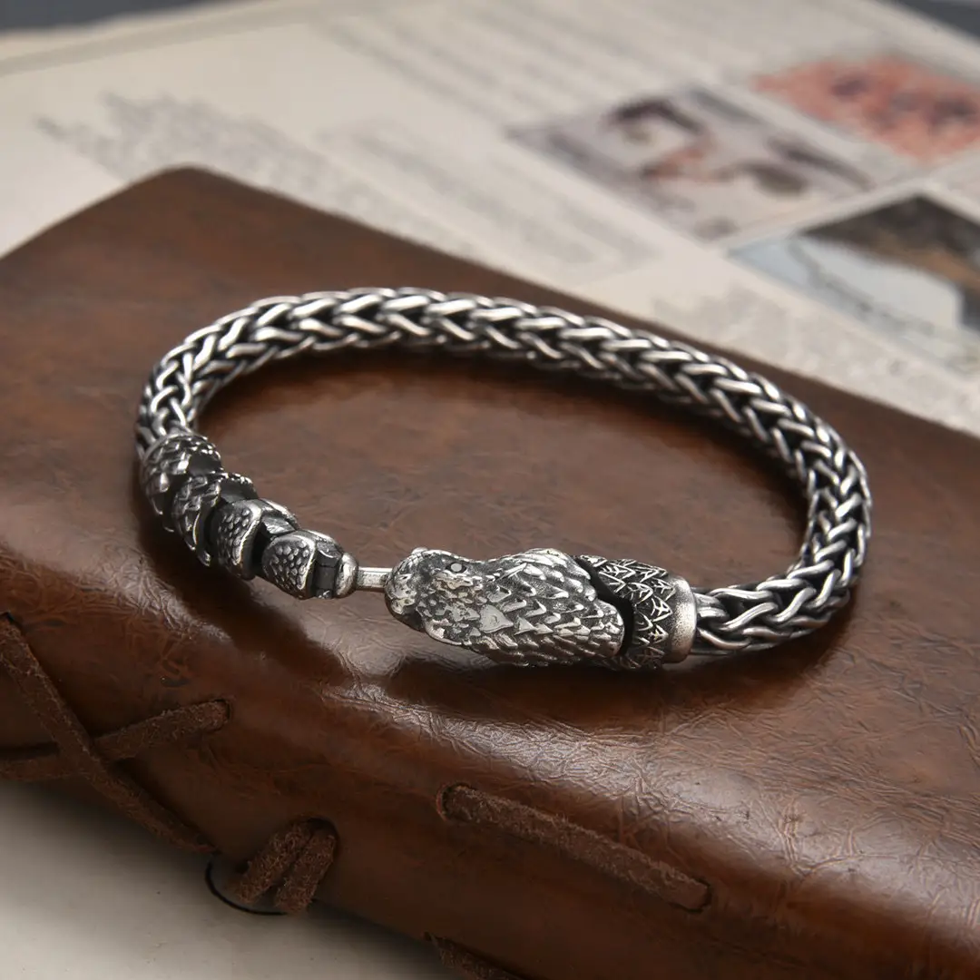 925 Sterling Silver Thick Type Woven Python Vintage Distressed Bracelet