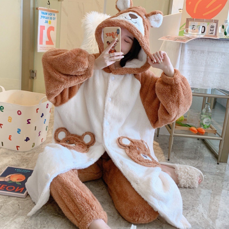 Title 2, Plush Flannel Cartoon Cute Hooded Homewear