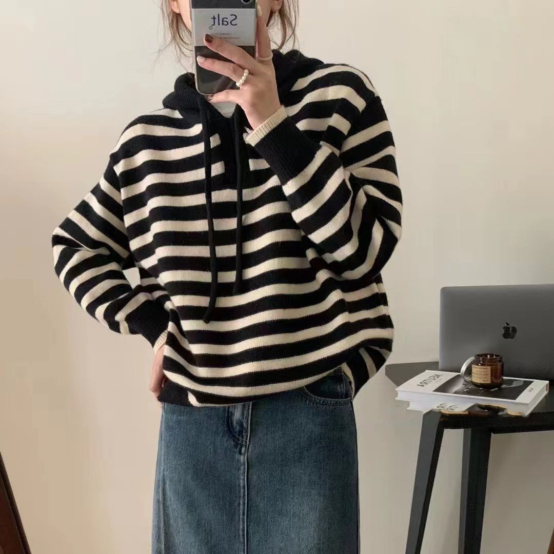 Korean Simple Striped Hooded Sweater