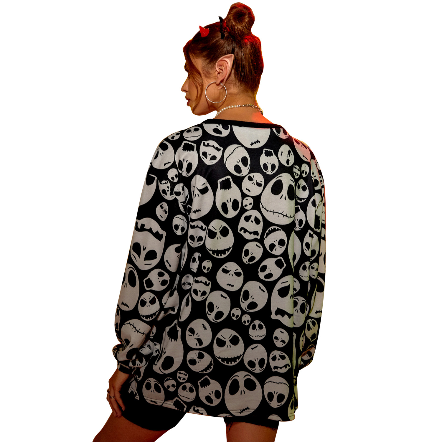 Hip Hop Pullover Women's Sweater Halloween Skull Printed Loose Top