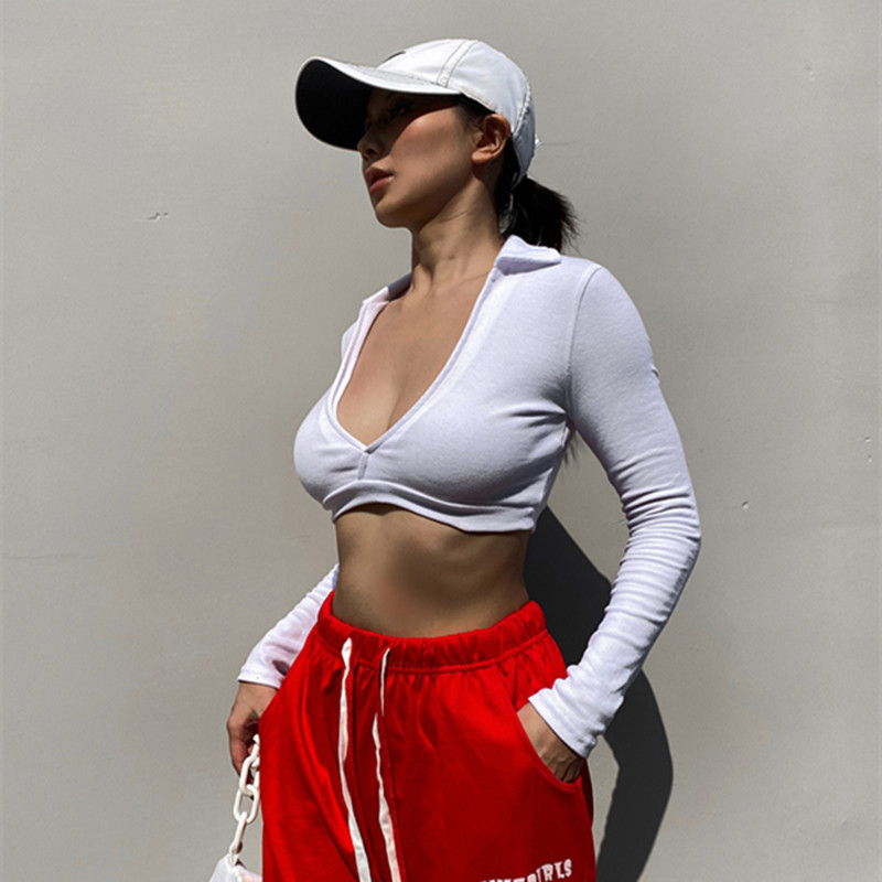 Lapel Deep V-neck Low Cut T-shirt Female Solid Color Long-sleeved Top