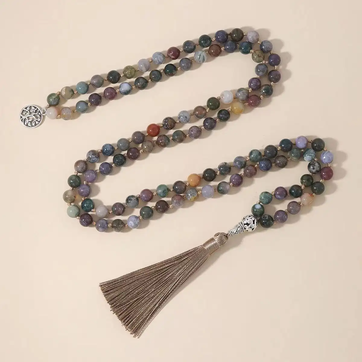 Natural Volcano Tigereye Agate Turquoise Series Beaded Tassel Pendant Necklace