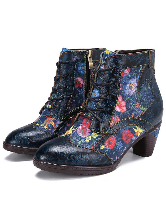Cowhide Ethnic Side Zipper Retro High Heel Boots