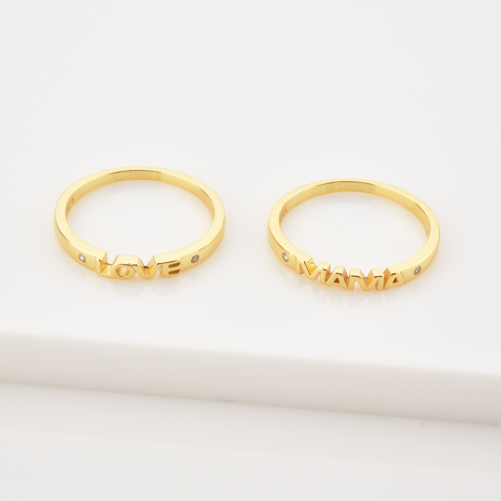 LOVE Simple MAMA Letter Retro S925 Silver Zircon Ring Banquet Jewelry