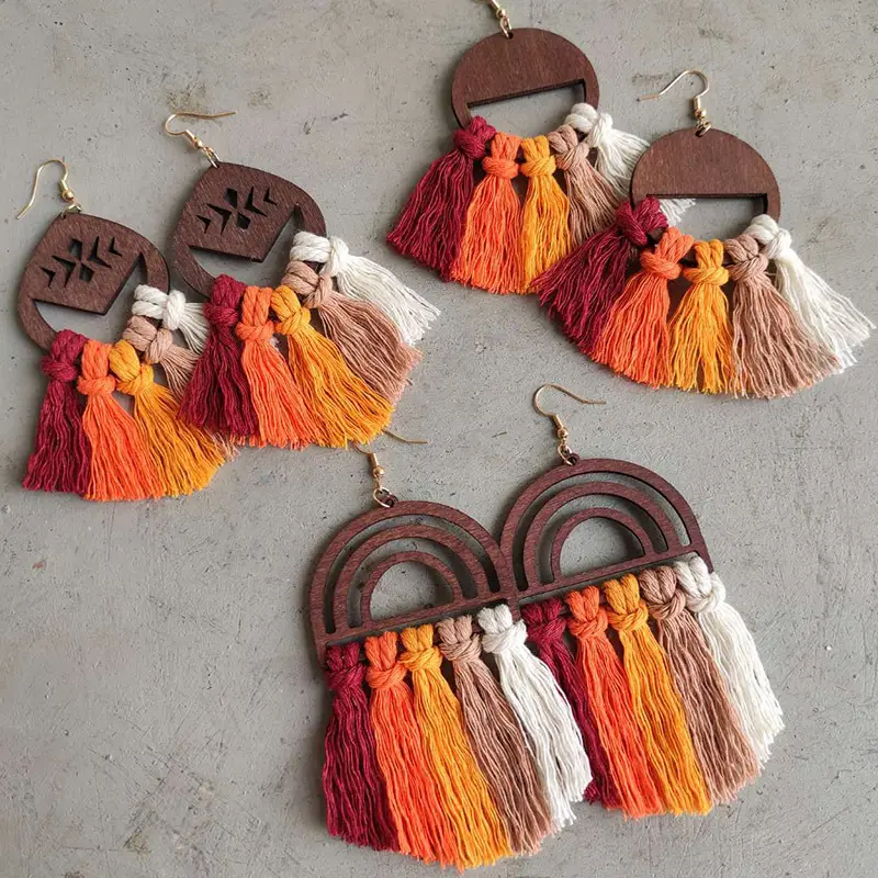 Wooden Bohemian Woven Tassel Earrings Fashion Handmade Niche