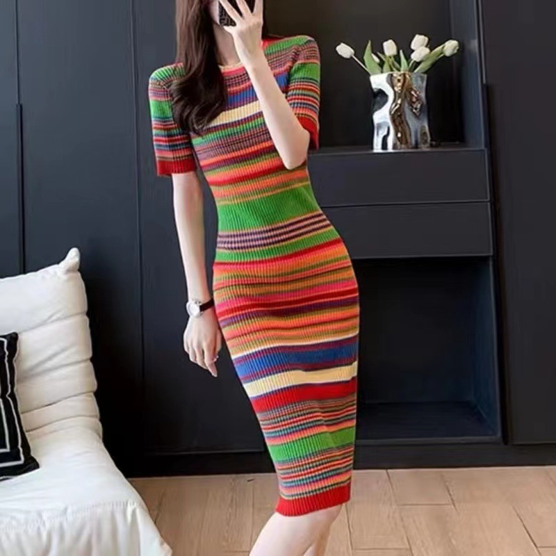 Women's Fashion Temperament Striped Knitted Dress
