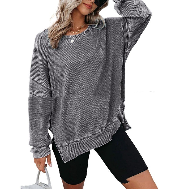 Title 2, Round Neck Long Sleeve Side Slit Waffle Sweater