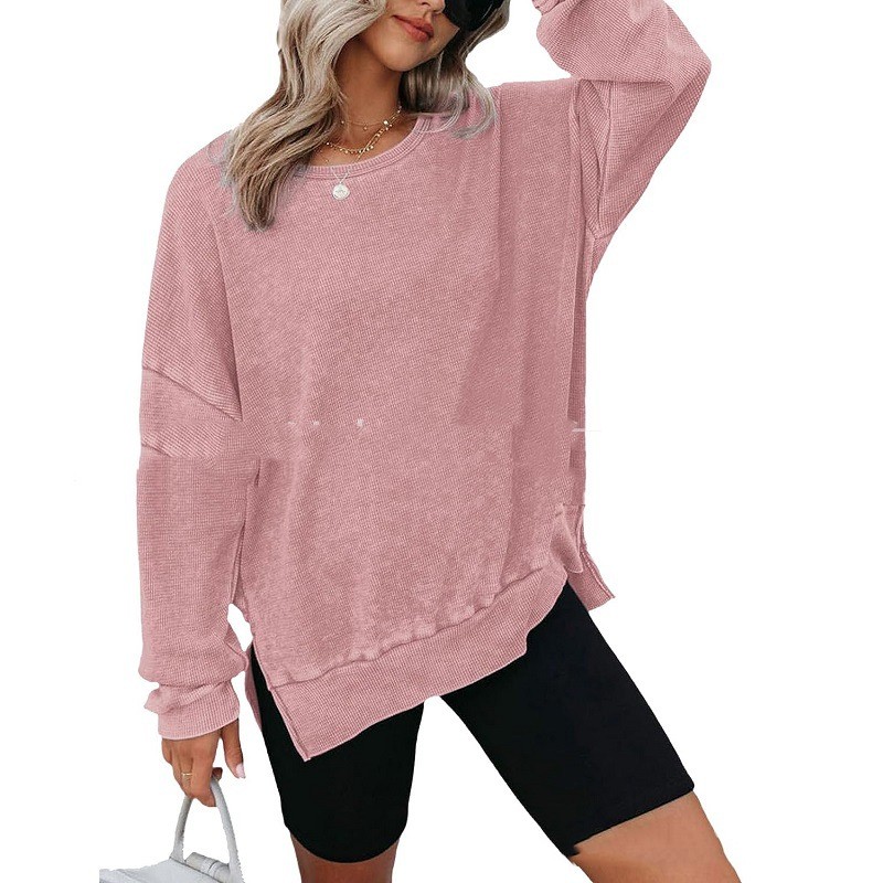 Title 3, Round Neck Long Sleeve Side Slit Waffle Sweater