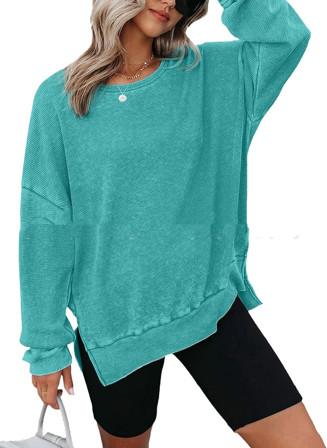 Title 4, Round Neck Long Sleeve Side Slit Waffle Sweater