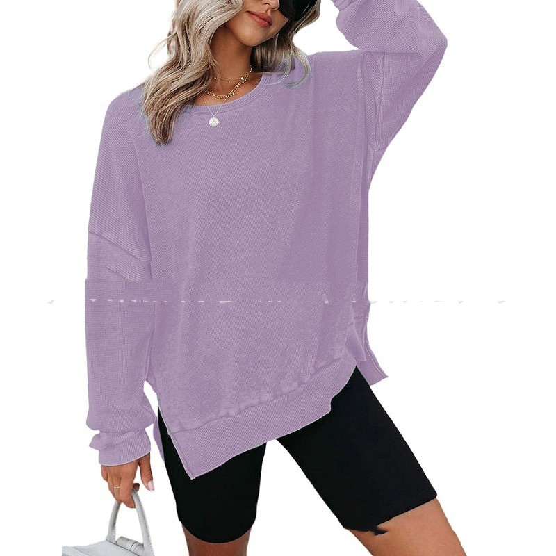 Title 5, Round Neck Long Sleeve Side Slit Waffle Sweater