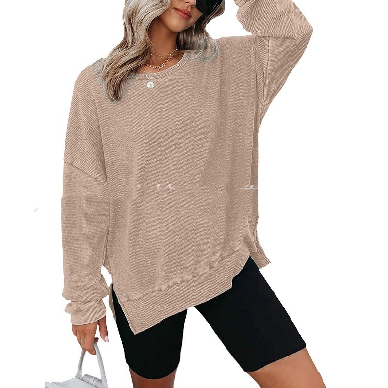 Title 6, Round Neck Long Sleeve Side Slit Waffle Sweater