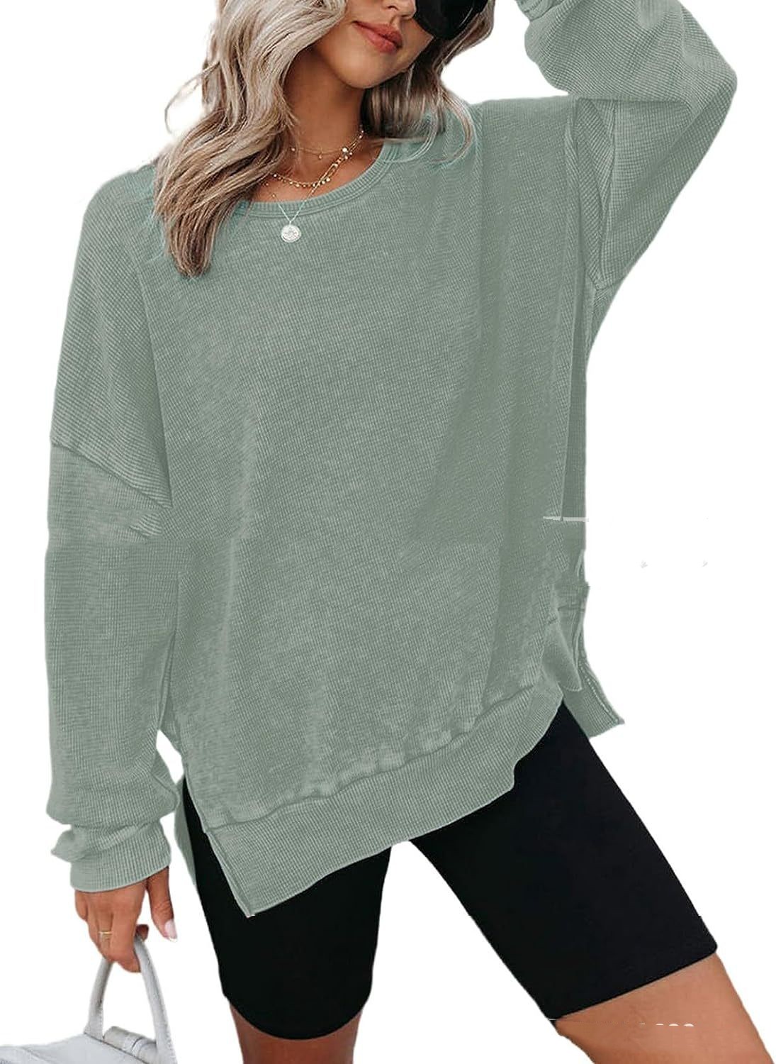 Title 7, Round Neck Long Sleeve Side Slit Waffle Sweater