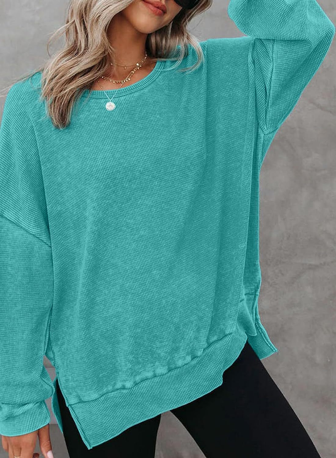 Title 8, Round Neck Long Sleeve Side Slit Waffle Sweater