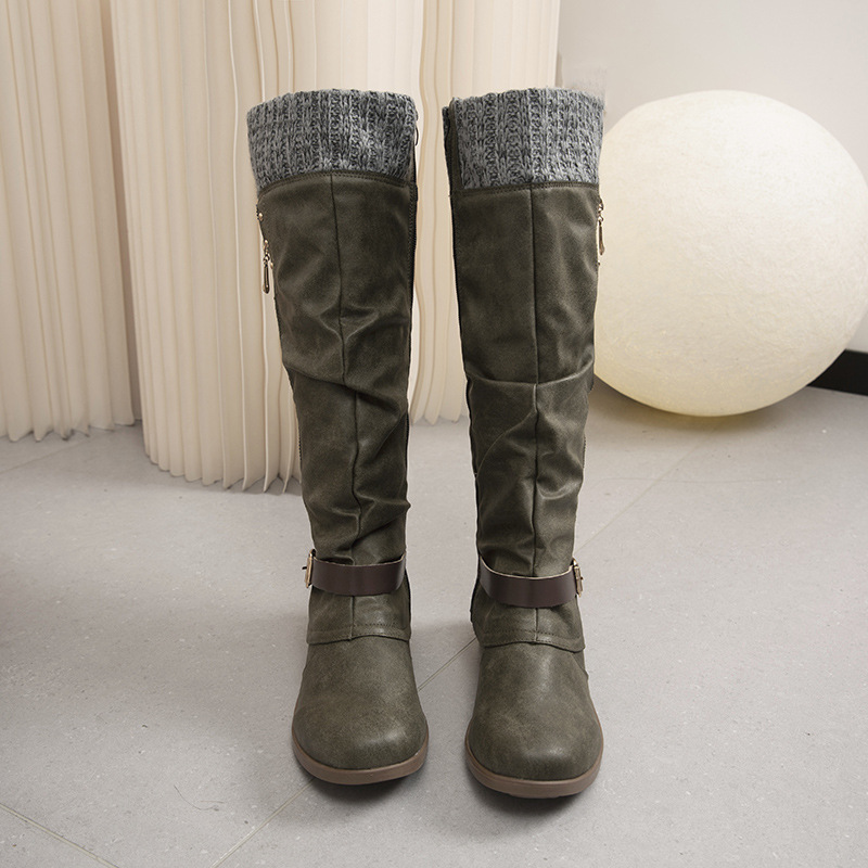 Plus Size Long Tube Women's Boots Chunky Heel Side Zip Wool Stitching