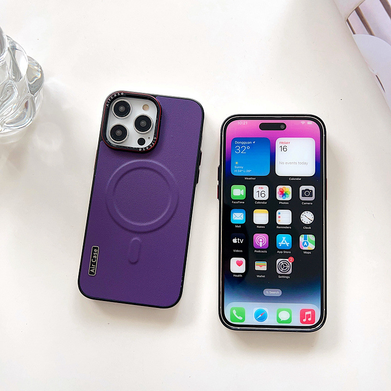 Plain Leather Phone Case Magnetic Suction Contrast Color Protective Cover - Image 5