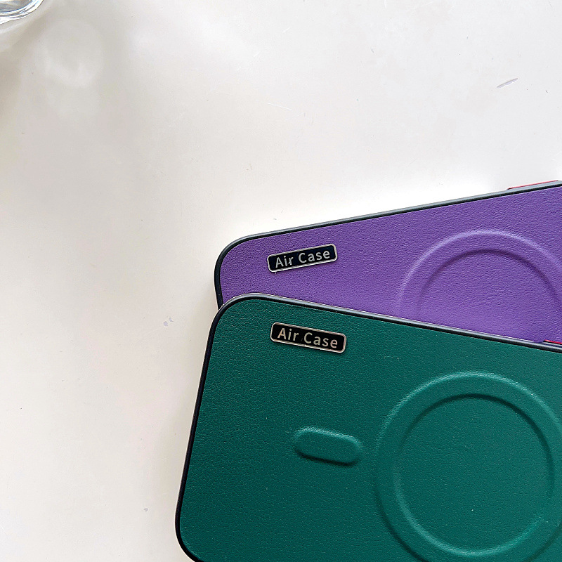 Plain Leather Phone Case Magnetic Suction Contrast Color Protective Cover - Image 2