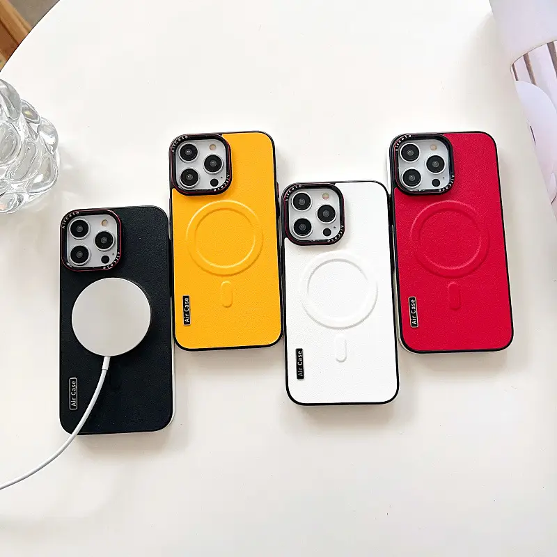 Plain Leather Phone Case Magnetic Suction Contrast Color Protective Cover