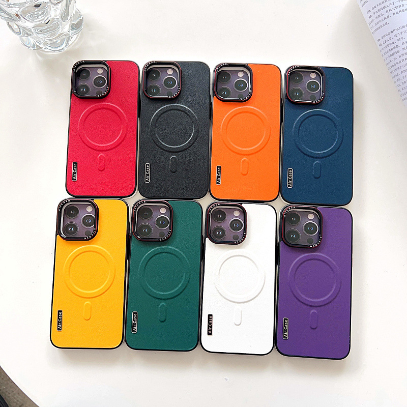 Plain Leather Phone Case Magnetic Suction Contrast Color Protective Cover - Image 27