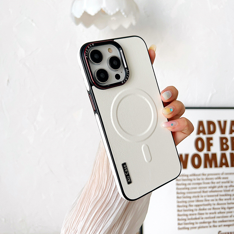 Plain Leather Phone Case Magnetic Suction Contrast Color Protective Cover - Image 23