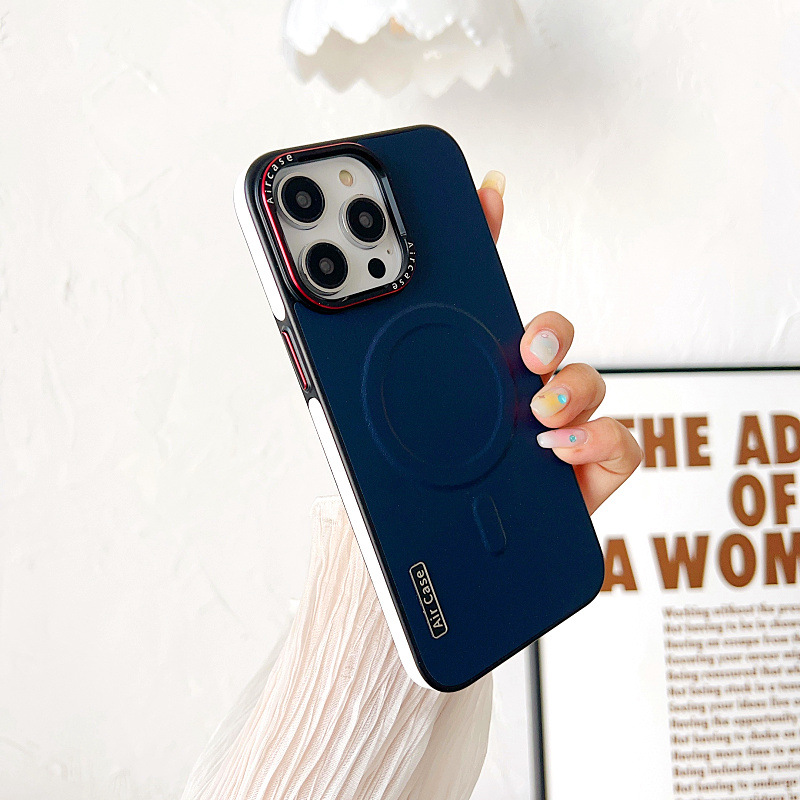 Plain Leather Phone Case Magnetic Suction Contrast Color Protective Cover - Image 31