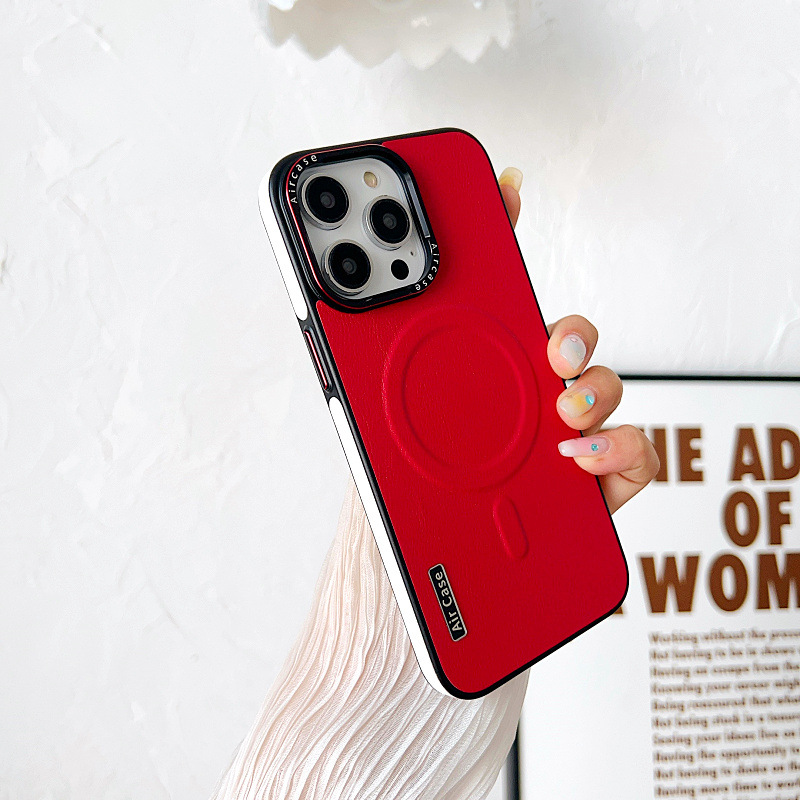 Plain Leather Phone Case Magnetic Suction Contrast Color Protective Cover - Image 20