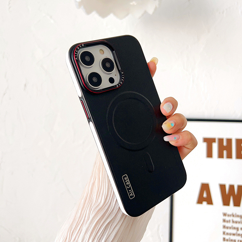 Plain Leather Phone Case Magnetic Suction Contrast Color Protective Cover - Image 3