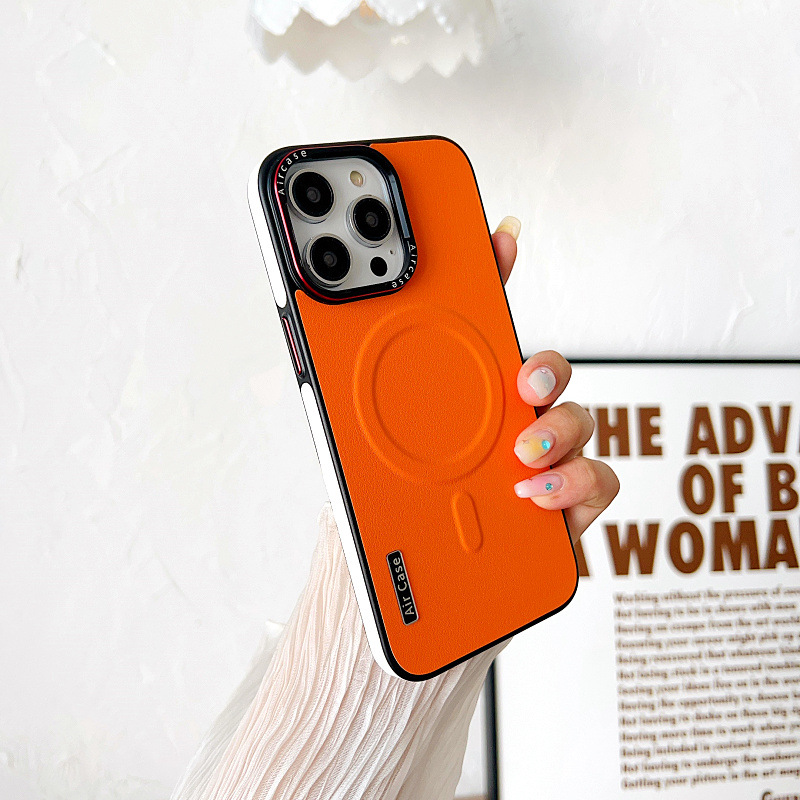 Plain Leather Phone Case Magnetic Suction Contrast Color Protective Cover - Image 13