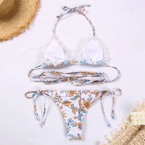 Women's Two-piece Swimsuit Sexy Ribbon Stitching Lace Strap Printing Bikini