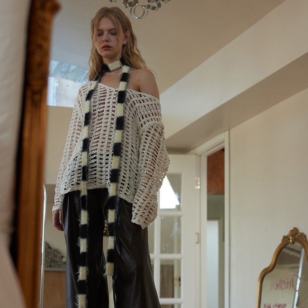 Plush Mink-like Striped Thin And Narrow Decoration Small Scarf Women