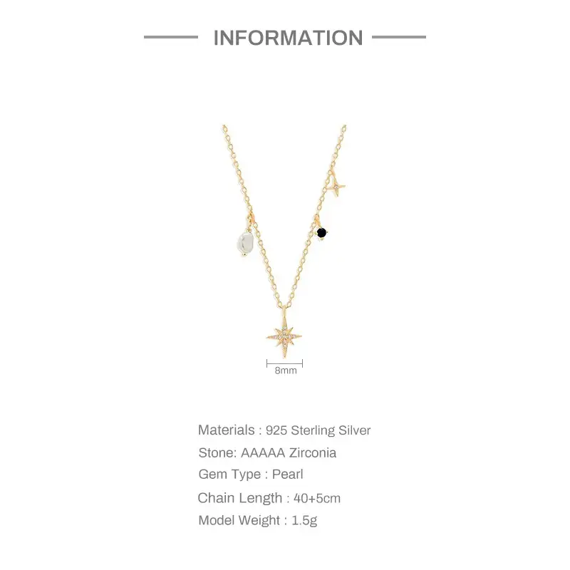 Fashion Ins Style Twin Sterling Silver Octagonal Star Diamond Shaped Pearl Short Necklace