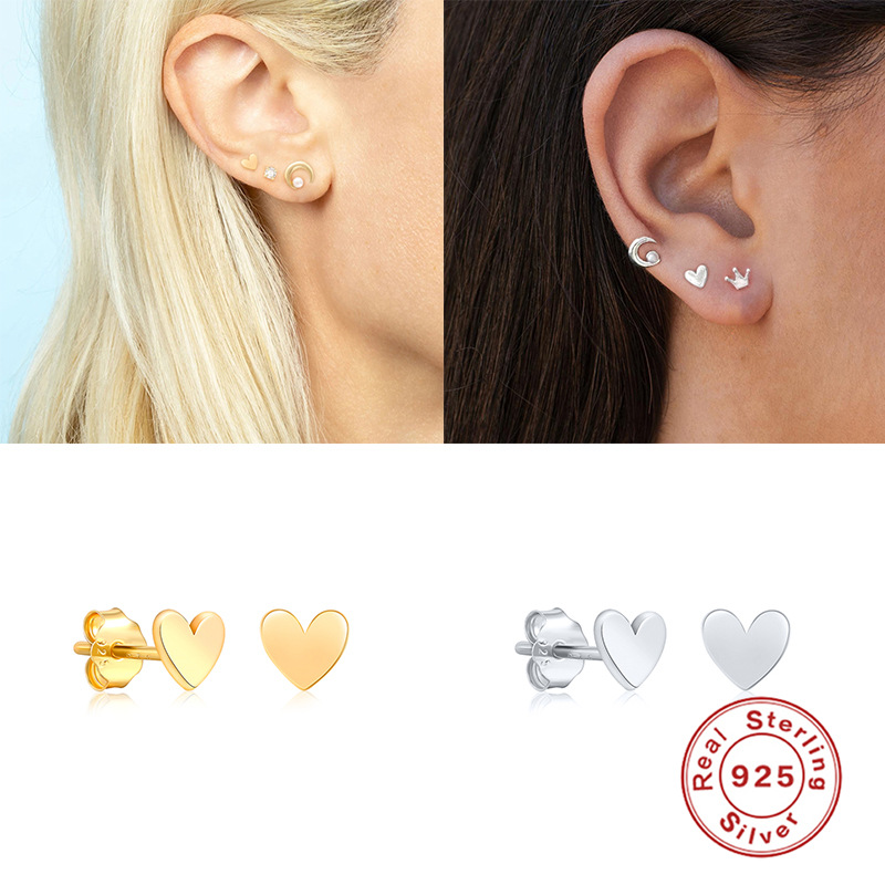 S925 Sterling Silver INS Style Mini Small Heart Glazed Surface Ear Stud
