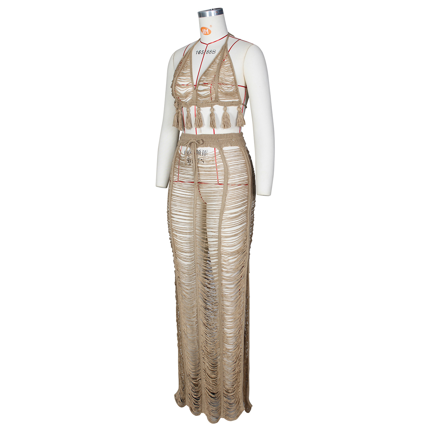 Title 6, See-through Tassel Knitted Beach Skirt Suit