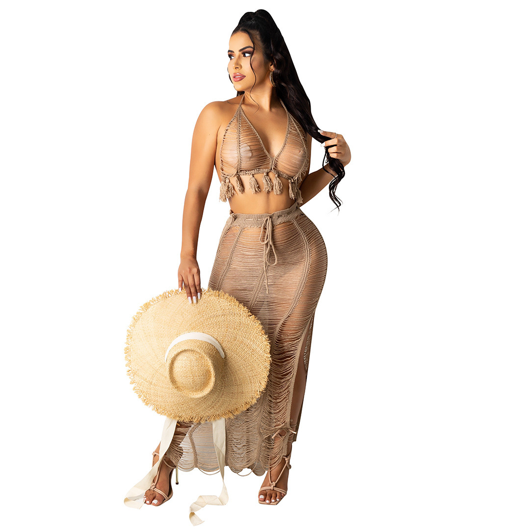 Title 9, See-through Tassel Knitted Beach Skirt Suit