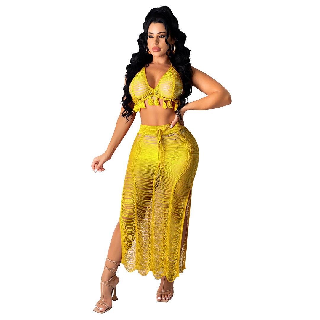 Title 13, See-through Tassel Knitted Beach Skirt Suit