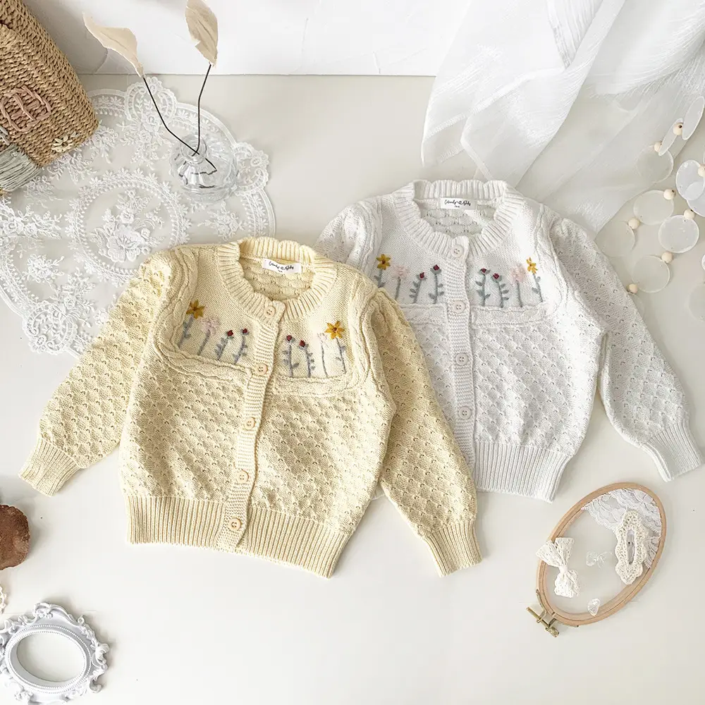 Girls' Embroidered Cardigan Sweater Embroidered Twisted String Coat