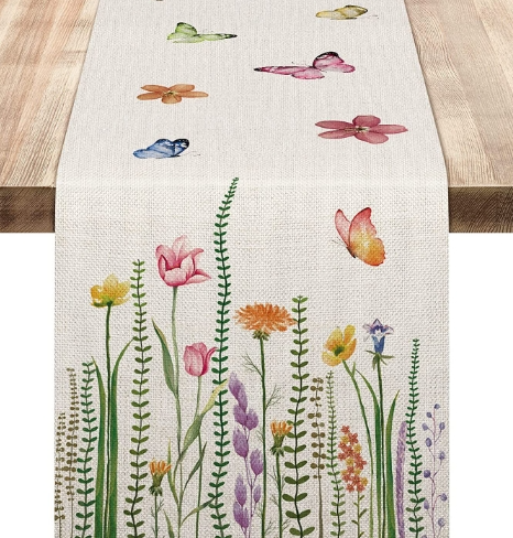 Title 9, Linen Table Runner Pastoral Flowers Dining Deco...