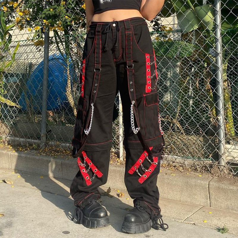 Heavy Industry Dark Contrast Color Ribbon Metal Decorative Chain Stitching Ankle Banded Pants Female