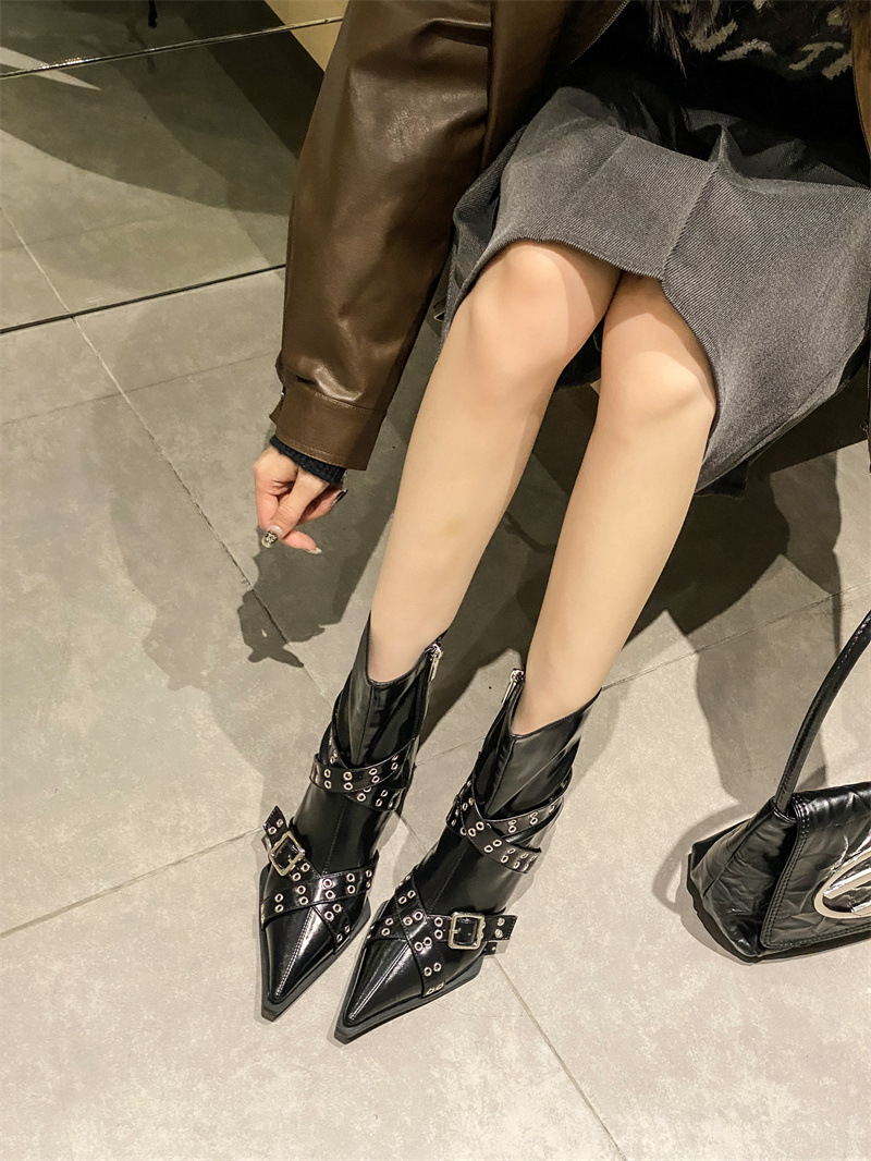 Pointed Stiletto Cross Belt Buckle Booties Women
