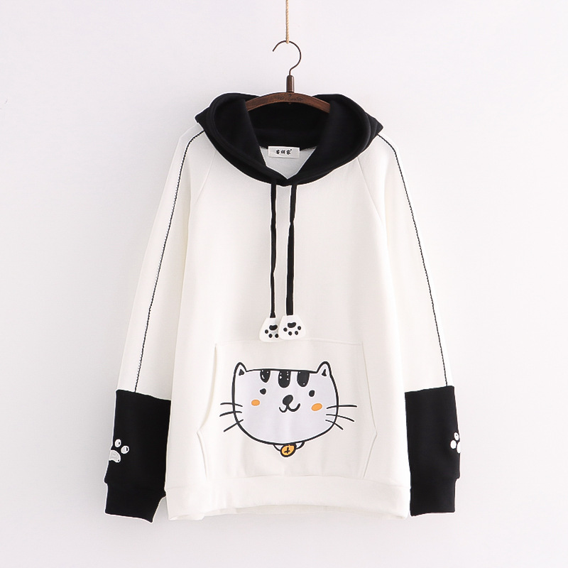 Color Matching Cap Long Sleeve Printing Cat And Fish Brushed Hoody Women's New Thickened Cotton Fleece Shirt