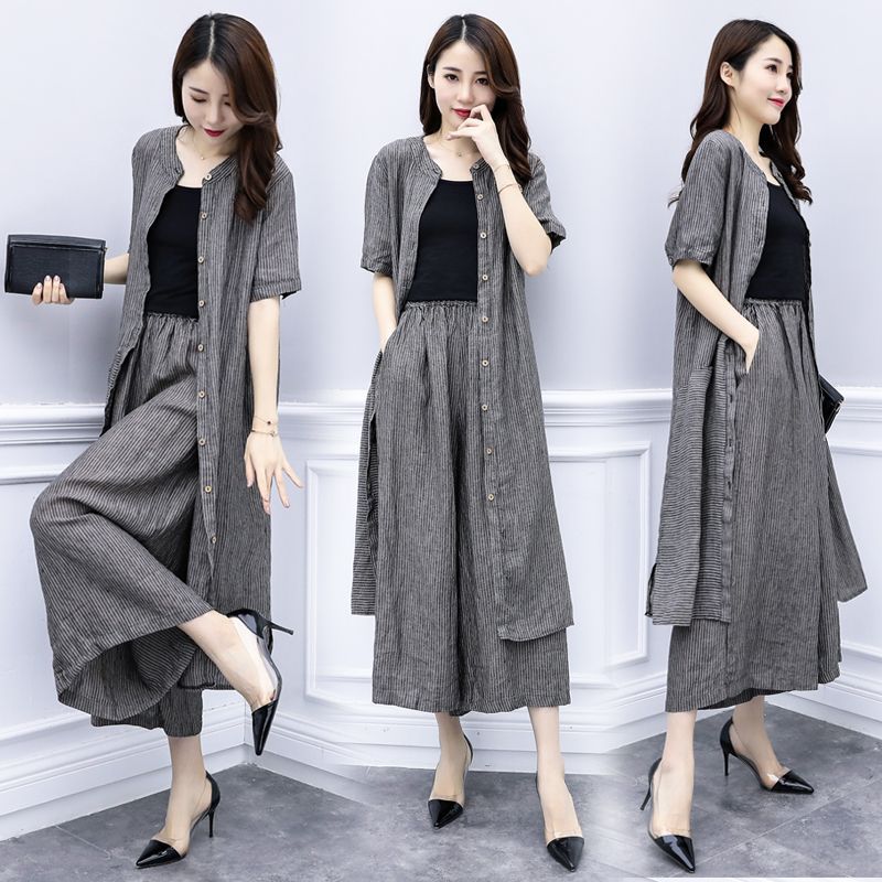Women's Summer Striped Cardigan Top Wide Leg Pants Casual Fashion Set
