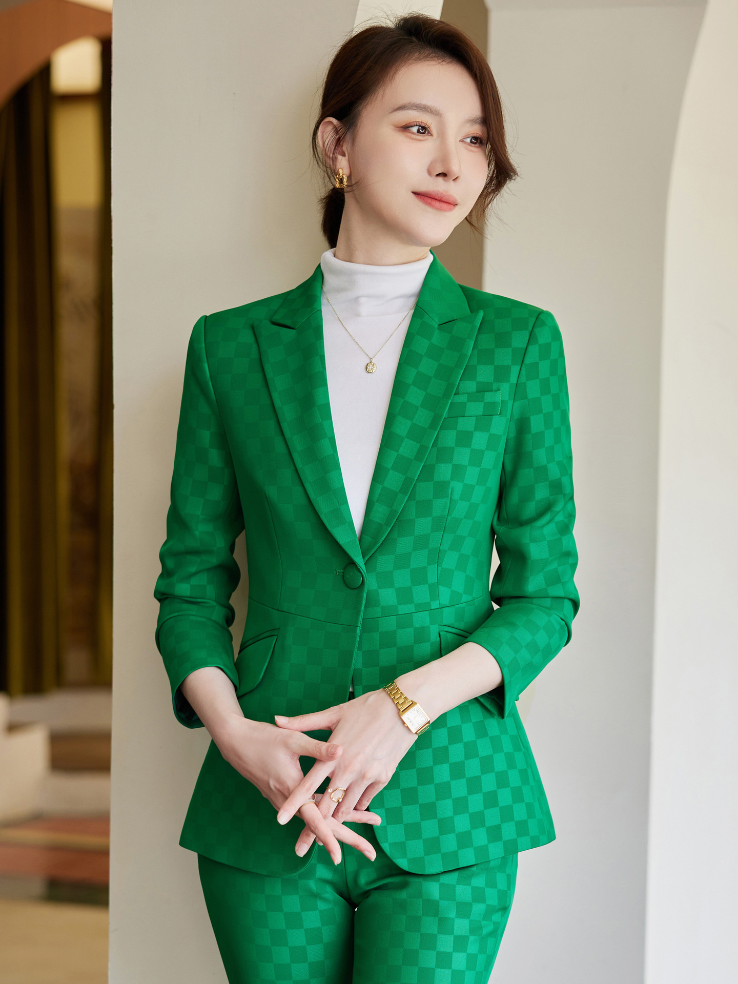 Title 8, Green Plaid Suit Slim Temperament Socialite Ele...