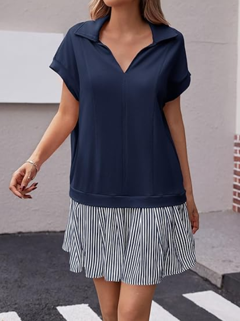 women’s patchwork striped polo v‑neck dress