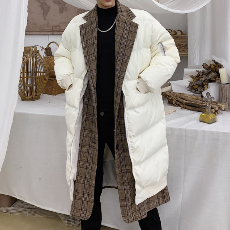 Plaid Collar Fake Two Pieces Thickened Cotton Padded Coat Men's Loose Mid-length Over The Knee